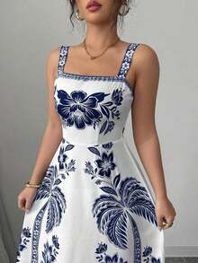 Vestido de tirantes finos con estampado localizado y silueta de línea A para mujer, ideal para el verano - Azul marino - Ver 7