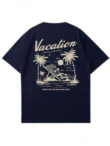 Camiseta de manga corta con estampado tropical para hombres, adecuada para el verano, cómoda y transpirable, de moda destacada - Negro - Ver 3