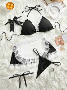 Plus-Size Classic Black-White Lace Patchwork Maid Costume-Piece Set Sexy Lingerie Sets Teddy Lingerie Babydoll Nightgown Lace Lingerie Sheer Mesh Lingerie Plus Size Valentines Lingerie Sexy Lace Babydoll Lingerie Set With Thong - 黑白 - 查看 2