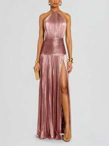 Metallic Pleated Sleeveless Dress With High Straps And A Slit For Parties - 玫紅色 - 查看 1