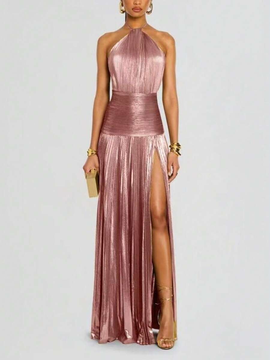 Metallic Pleated Sleeveless Dress With High Straps And A Slit For Parties - 玫紅色 - 查看 1