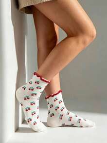 Cute 1 Pair Women's White Tube Socks With Cherry Red Lace Trim, Suitable For All Seasons - Multicolor - View 3