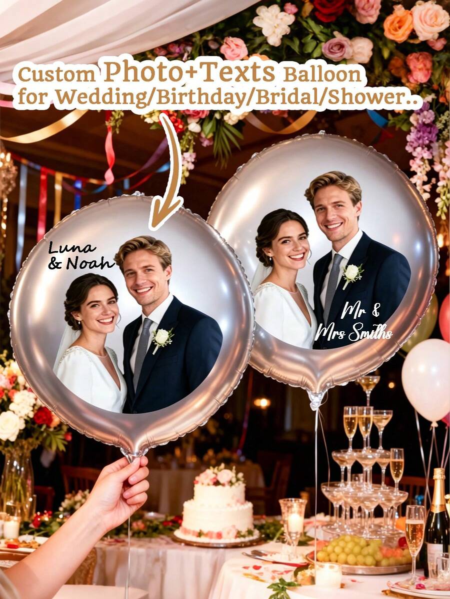 Custom Photo & Text Wedding Balloon, Personalized Round Photo Balloon With Custom Bride & Groom Photo, Perfect For Wedding, Bridal Shower, Engagement Party, Bachelorette, Birthday, Anniversary, Graduation Party, Personalized Wedding Gift - Multicolor - View 1