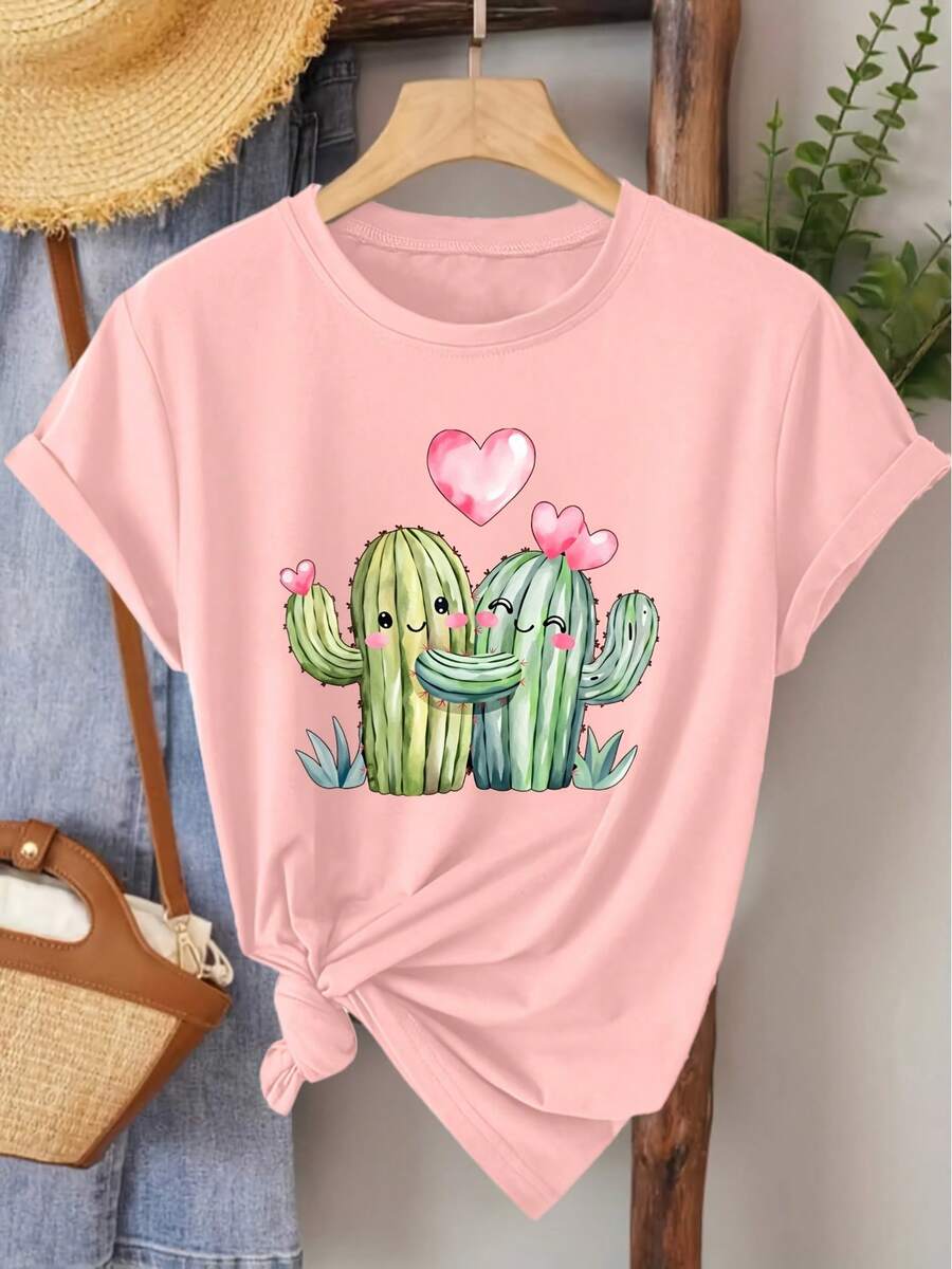 Women's Short-Sleeved T-Shirt, Elegant Style, With Heart And Cactus Print, Round Neck, Ideal For Spring, Summer, Autumn, Fashion, Daily Travel, Versatile, Casual, Elegant, Retro Style, Available In Sizes S-XXL - 羅莎 - 查看 1