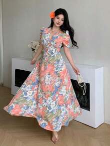 Vestido de mujer de ajuste ceñido con cuello cruzado, botones de perlas y mangas abullonadas - Multicolor 3 - Ver 6