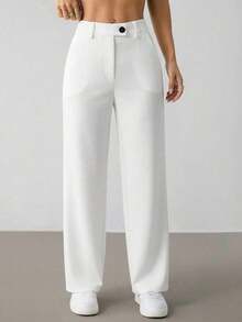 Pantalones rectos casuales de mujer de unicolor con cinturón - Blanco - Ver 7