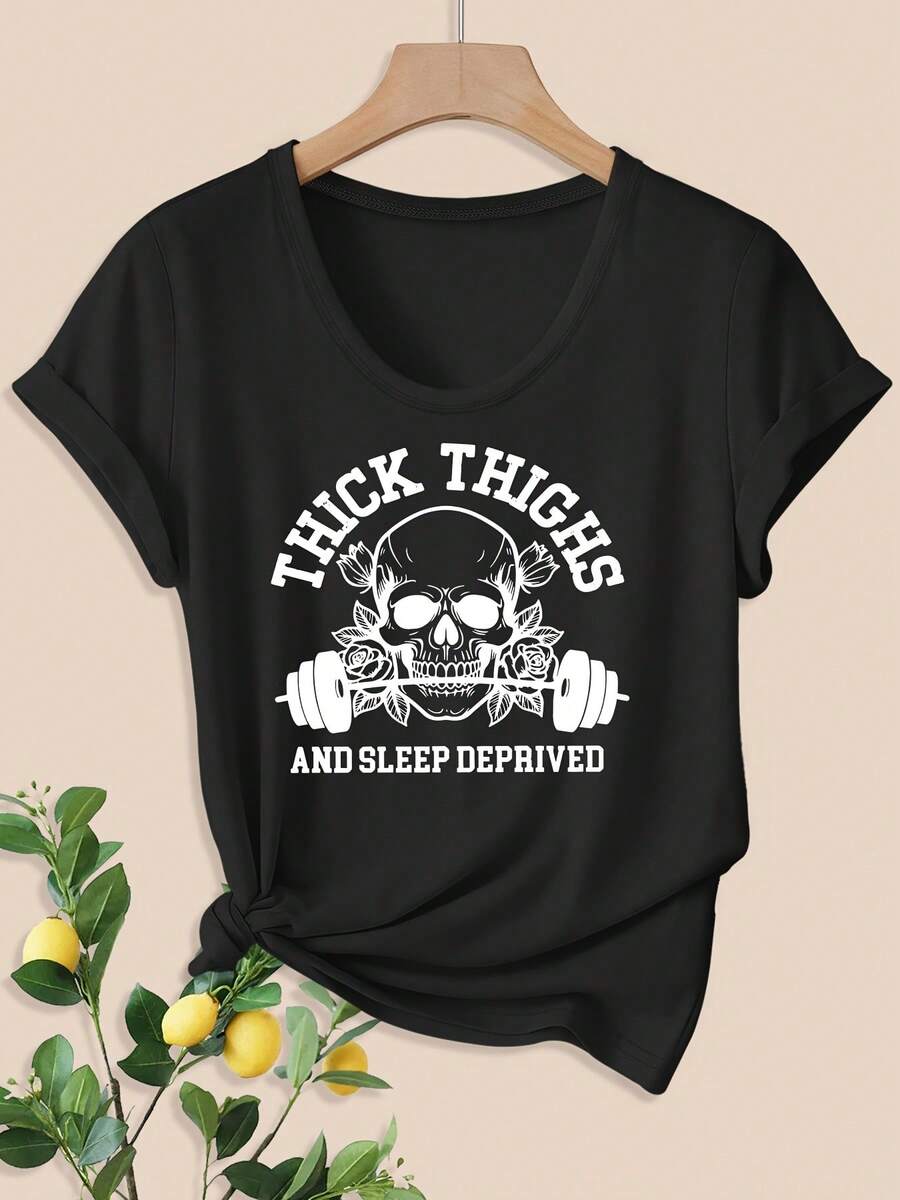 Women's Casual Blouse With The Inscription "THI THIGHS AND SLEEP DEPRIVED", Skull Print, Weight Bar And Roses, Elegant U-Neck Short Sleeve T-Shirt For Party, Spring/Summer, , , 10918, Women's Cotton Shirts. - 黑色 - 查看 1