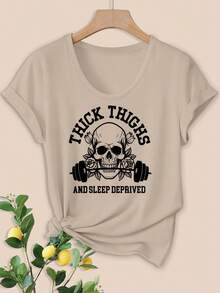 Blusa casual para mujer con la inscripción "THI THIGHS AND SLEEP DEPRIVED", estampado de calaveras, barra de pesas y rosas, camiseta de manga corta con cuello en U elegante para fiesta, primavera/verano, , , 10918, camisas de algodón para mujer. - Albaricoque - Ver 1