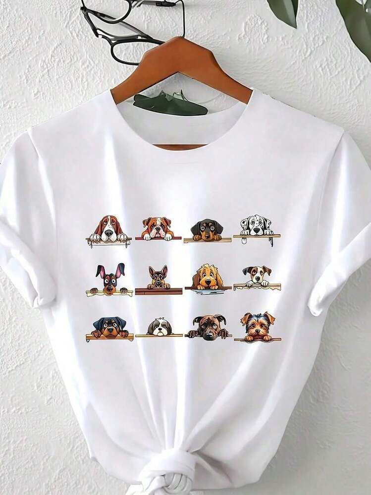 Women's 100% Cotton Short Sleeve T-Shirt, Crew Neck T-Shirt With Beagle And Hound Dog Breed Print - Soft, Comfortable, And Breathable Short Sleeve Crew Neck Casual T-Shirt For All Seasons, A Lovely Gift For Pet Lovers Featuring A Beagle And Basset Hound Design, Machine Washable Casual Wear For Dog Owners, A Fun Dog-Themed Set With Charming Beagle And Houndstooth Patterns, And A Relaxed Fit For Weekend Style. - White - View 6