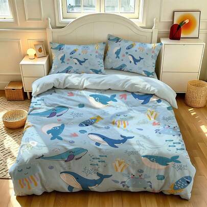3pcs Blue Cute Cartoon Ocean Dolphin Underwater World Print Duvet Cover Set (1 Duvet Cover + 2 Pillow Shams, No Filler), Soft & Skin-Friendly, Suitable For All Seasons. Oversized Double Size, Suitable For Boys, Girls, Adults, Hotels, Bedrooms, Dorms, Etc. Zipper Closure, Machine Washable, Also Suitable As A Gift.
