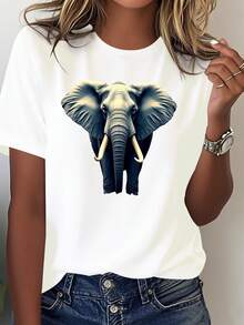 Camiseta de  y Azul con Diseño de Elefante y Cielo Estrellado - Camiseta casual de manga corta y cuello redondo, estampado geométrico, diseño de elefante, cómoda y elegante para todas las estaciones, lavable a máquina, blusa casual mujer. - Blanco - Ver 1