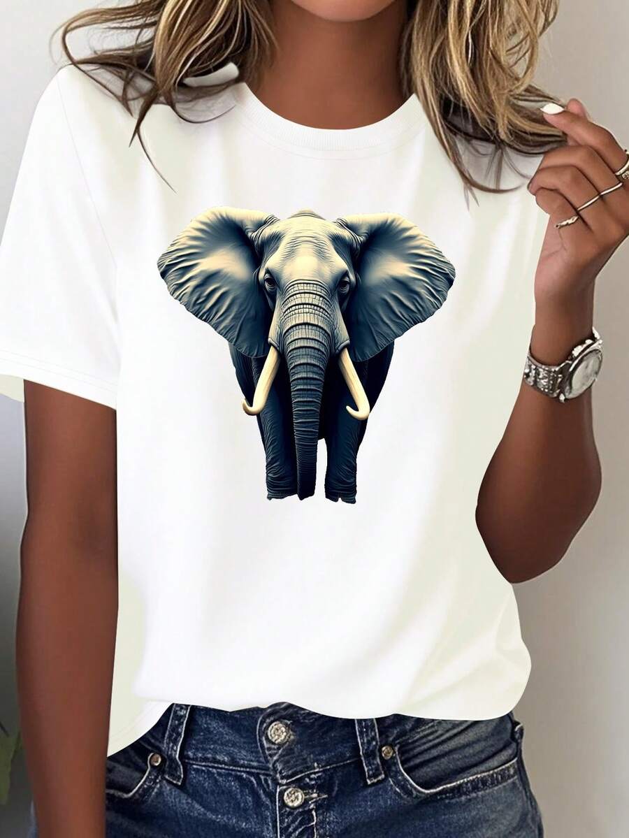 Camiseta de y Azul con Diseño de Elefante y Cielo Estrellado - Camiseta casual de manga corta y cuello redondo, estampado geométrico, diseño de elefante, cómoda y elegante para todas las estaciones, lavable a máquina, blusa casual mujer. - Blanco - Ver 1