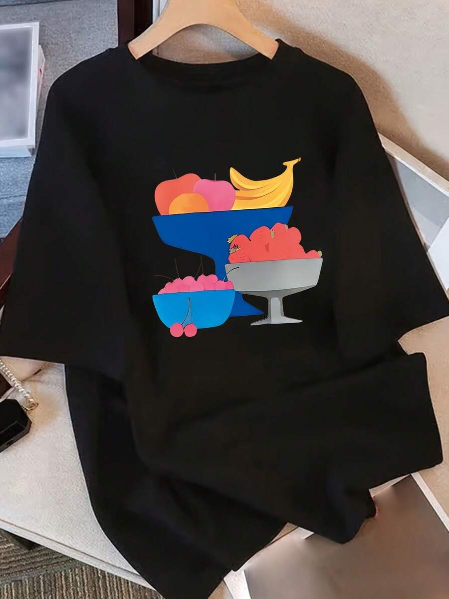 Camiseta de manga corta para mujer con diseño y estampado únicos, nuevo estilo de verano holgado para 2025, top favorecedor para - Negro - Ver 1