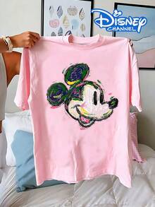 Disney Women's Loose-Fit Vintage  Printed T-Shirt, Hand-Painted Mickey Mouse Design, 100% Cotton, Mother's Day,Disney Collaboration - Hồng - Xem 2