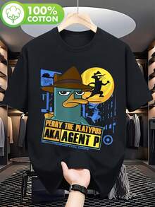 Camiseta gráfica Perry el Ornitorrinco AGEAGENT P para adultos - Camiseta casual de manga corta negra con estampado digital, ajuste regular, cuello redondo, lavable a máquina para comodidad en todas las estaciones, cómoda camiseta de dibujos animados tipo - Negro - Ver 1