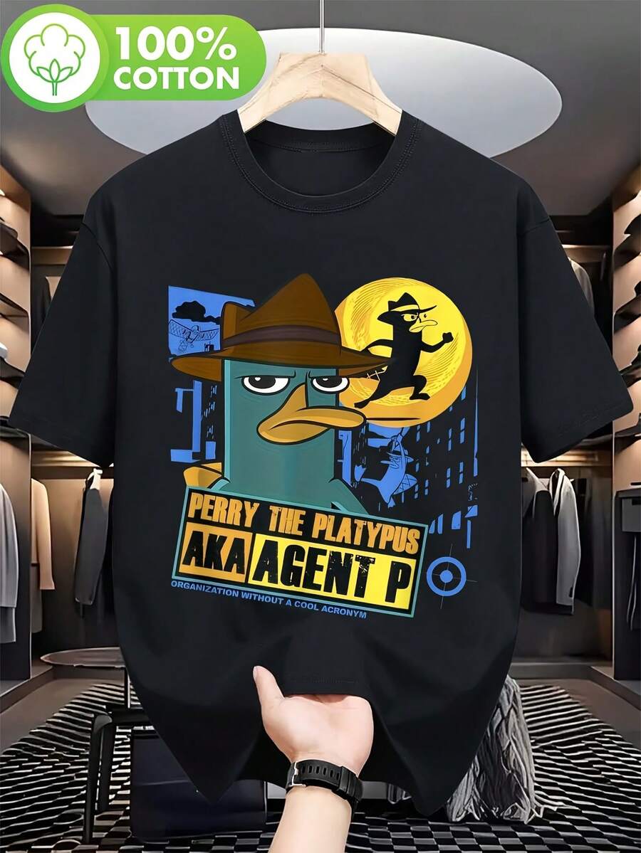 Camiseta gráfica Perry el Ornitorrinco AGEAGENT P para adultos - Camiseta casual de manga corta negra con estampado digital, ajuste regular, cuello redondo, lavable a máquina para comodidad en todas las estaciones, cómoda camiseta de dibujos animados tipo - Negro - Ver 1