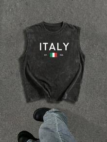 Fractyr Débardeur décontracté d'été pour hommes, style vintage lavé avec imprimé ITALIE. Débardeur ample à col rond de streetwear américain, doux au toucher - Noir - Voir 1
