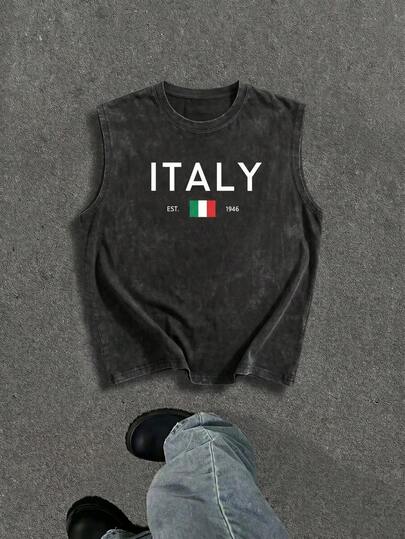 Fractyr Camiseta de tirantes de verano casual y vintage para hombre, con estampado de ITALIA, de corte holgado y cuello redondo, de tacto suave, estilo urbano americano
