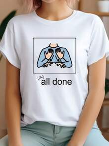 Camiseta de mujer con un estampado que dice "Todo Listo" con puños levantados, diseñada para uso casual con cuello redondo y mangas cortas. Ofrece un ajuste suave y relajado, lo que lo hace ideal para atuendos cotidianos, y está hecho de tela de elasticidad media. - Negro - Ver 6