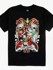 Women Casual Short Sleeve Knitted Fabric Round Neck Regular Length T-shirt with Christmas Graphic Print - Negro - Ver 1