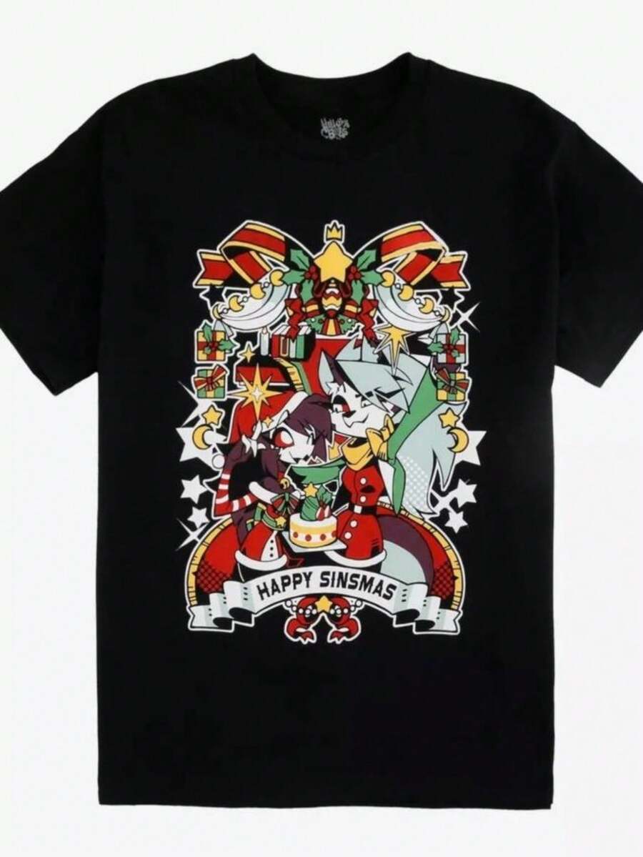 Women Casual Short Sleeve Knitted Fabric Round Neck Regular Length T-shirt with Christmas Graphic Print - Negro - Ver 1