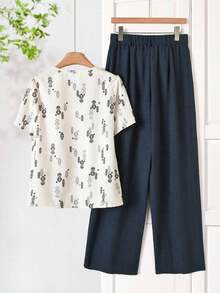 Conjunto de camisa holgada con pliegues y pantalones de pierna ancha con estampado todo sobre todo, adecuado para primavera, verano y otoño - Verde 2 - Ver 8