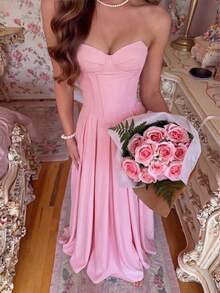 Women's Solid Color Woven Pleated Dress With Anti-Slip Straps, Backless Tie Design, Elegant And Fashionable For Beach, Wedding, Party - Pink - View 3