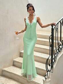 1 pieza Vestido de fiesta elegante de unicolor, tela de punto con cremallera y adorno de encaje, adecuado para citas en verano - verde menta - Ver 4
