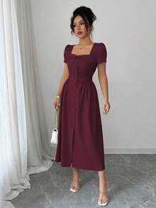 xheElenzga Vestido de manga larga de primavera/verano para mujer con cuello vuelto elegante trapezoidal, botones en la cintura, falda en línea A con pliegues y bajo con aberturaxhe - Granada - Ver 5