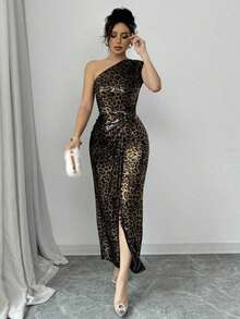 Vestido de mujer elegante con escote en V, cintura ceñida y frente retorcido sin mangas, de tela con estampado de leopardo, adecuado para ir al trabajo, uso casual, festivales, fiestas, primavera/verano - Multicolor - Ver 4