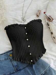 tubo de punto con volantes en el bajo de color liso y casual - Negro - Ver 4