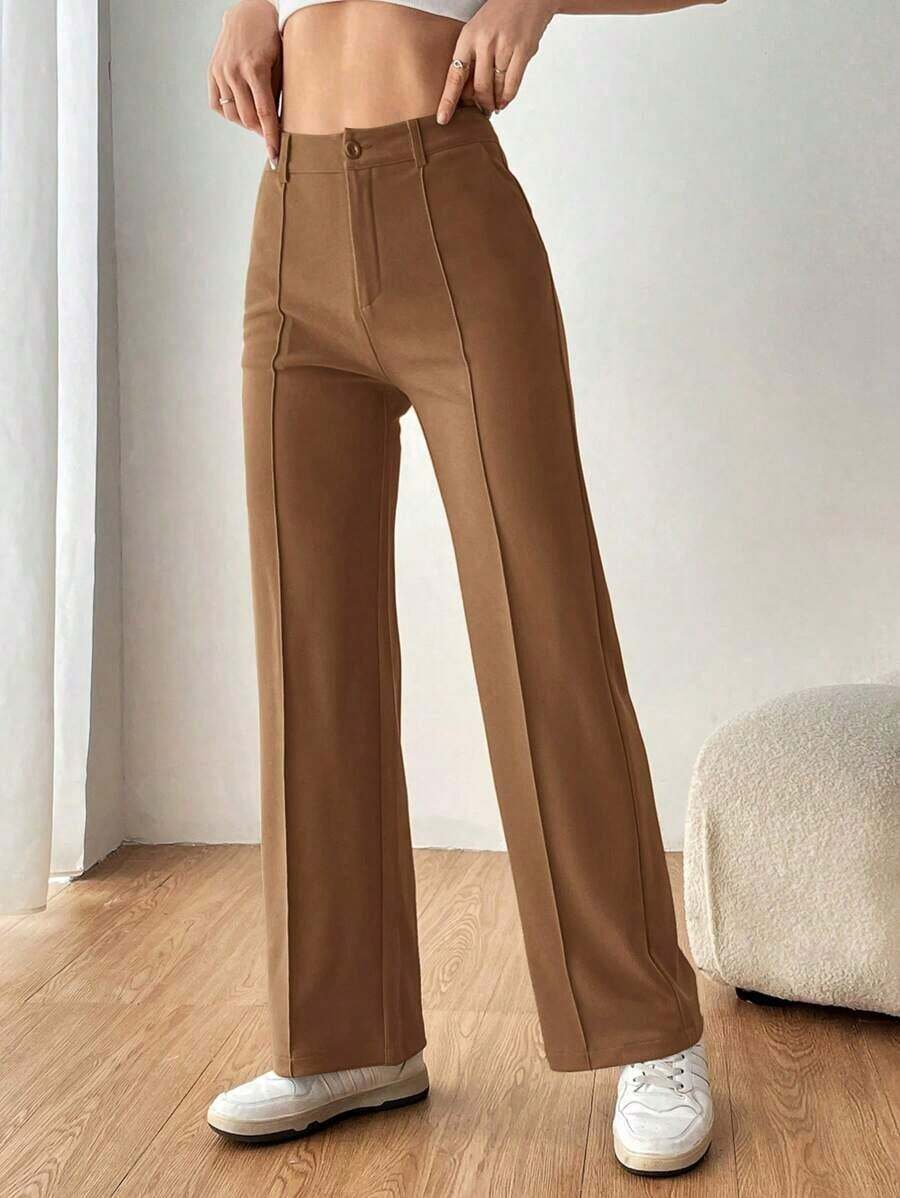 Pantalones rectos de traje para mujer con costuras expuestas para otoño/invierno - Camel - Ver 1