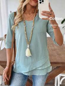 Camiseta blanca de cuello en V para mujer con diseño de parches de línea asimétrica en el dobladillo - verde menta - Ver 9