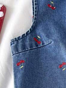 Conjunto de top sin mangas con bordado de cerezas y shorts vaqueros casuales para mujer, de verano - Lavado ligero 2 - Ver 6
