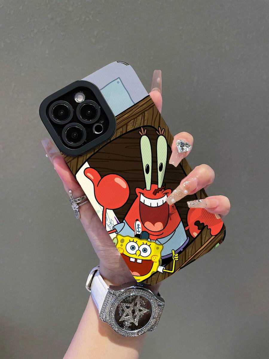 SpongeBob SquarePants 1pc Fashionable Creative Smiling Crab - Pattern, Vertical Striped Protective Phone Case Compatible With Samsung/Apple 17/16/15/14/13/12/11Pro Max/12Pro/14Plus And Other Models - Multicolor - View 1