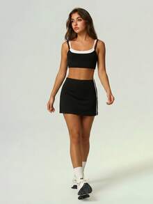 UONNOU Tennis Skirt Shorts Workout Set, Fake Two-Piece Color Block Sports Bra - Black - View 5