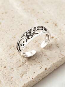 1pc Vintage Sterling Silver Hollow Out Plum Blossom Shaped Adjustable Toe Ring For Women, Summer Dating Gift - Silver - View 6