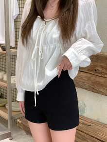 Doll Blouse Square Neck Striped Print Tie-Front Elegant Long Sleeve Shirt White - White - View 2