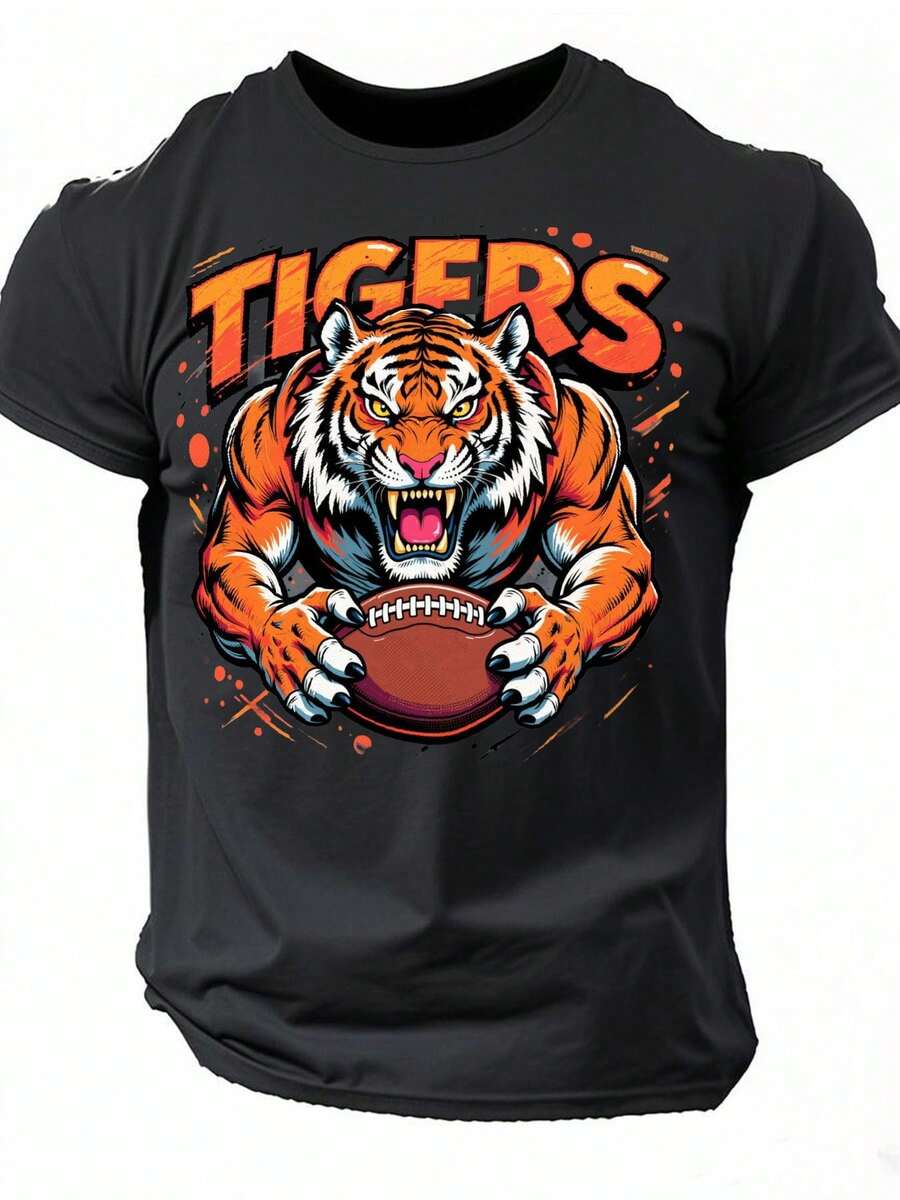 Camiseta de hombre con estampado de mascota de fútbol de tigre rugiente - Tejido de mezcla suave y transpirable de alta calidad, estampado llamativo de cara de tigre y la palabra TIGRES, ajuste cómodo, cuello redondo, manga corta, adecuada para días de juego, fiestas de pre-partido y eventos deportivos - ropa que refleja el espíritu del equipo de los aficionados. - Negro - Ver 1