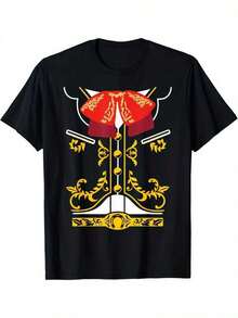 Soft Selección Más Vendida: Camiseta de Disfraz de Mariachi Mexicano Charro Cinco de Mayo para Hombre - Base negra con diseño tradicional de mariachi en rojo y dorado, mangas cortas y cuello redondo, adecuada para uso casual y formal, ideal para fiestas temáticas, desfiles y eventos culturales - Camiseta de Cuello Redondo y Corte Holgado de M Seasonal Clothing pattern - Negro - Ver 1