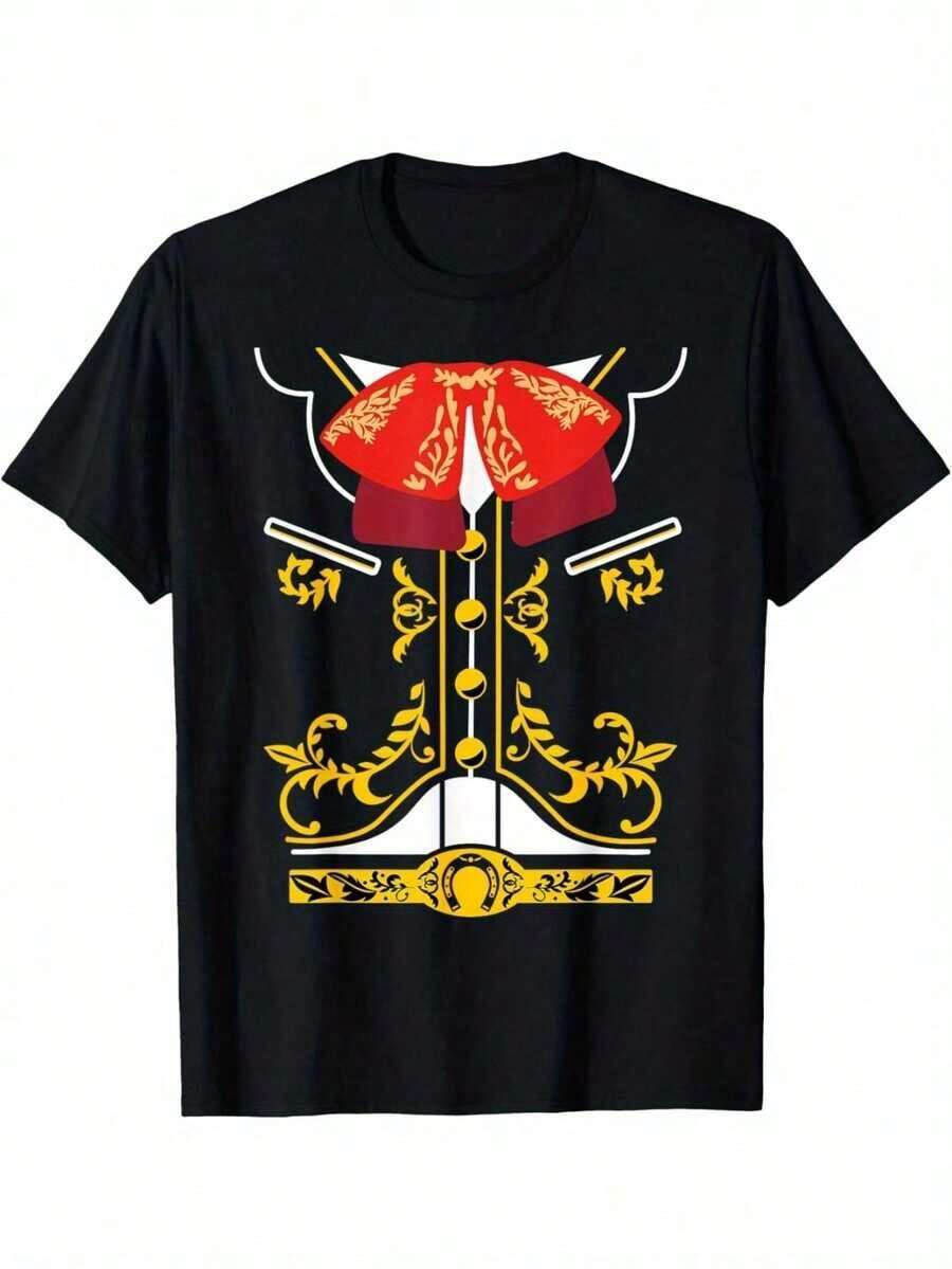 Soft Selección Más Vendida: Camiseta de Disfraz de Mariachi Mexicano Charro Cinco de Mayo para Hombre - Base negra con diseño tradicional de mariachi en rojo y dorado, mangas cortas y cuello redondo, adecuada para uso casual y formal, ideal para fiestas temáticas, desfiles y eventos culturales - Camiseta de Cuello Redondo y Corte Holgado de M Seasonal Clothing pattern - Negro - Ver 1