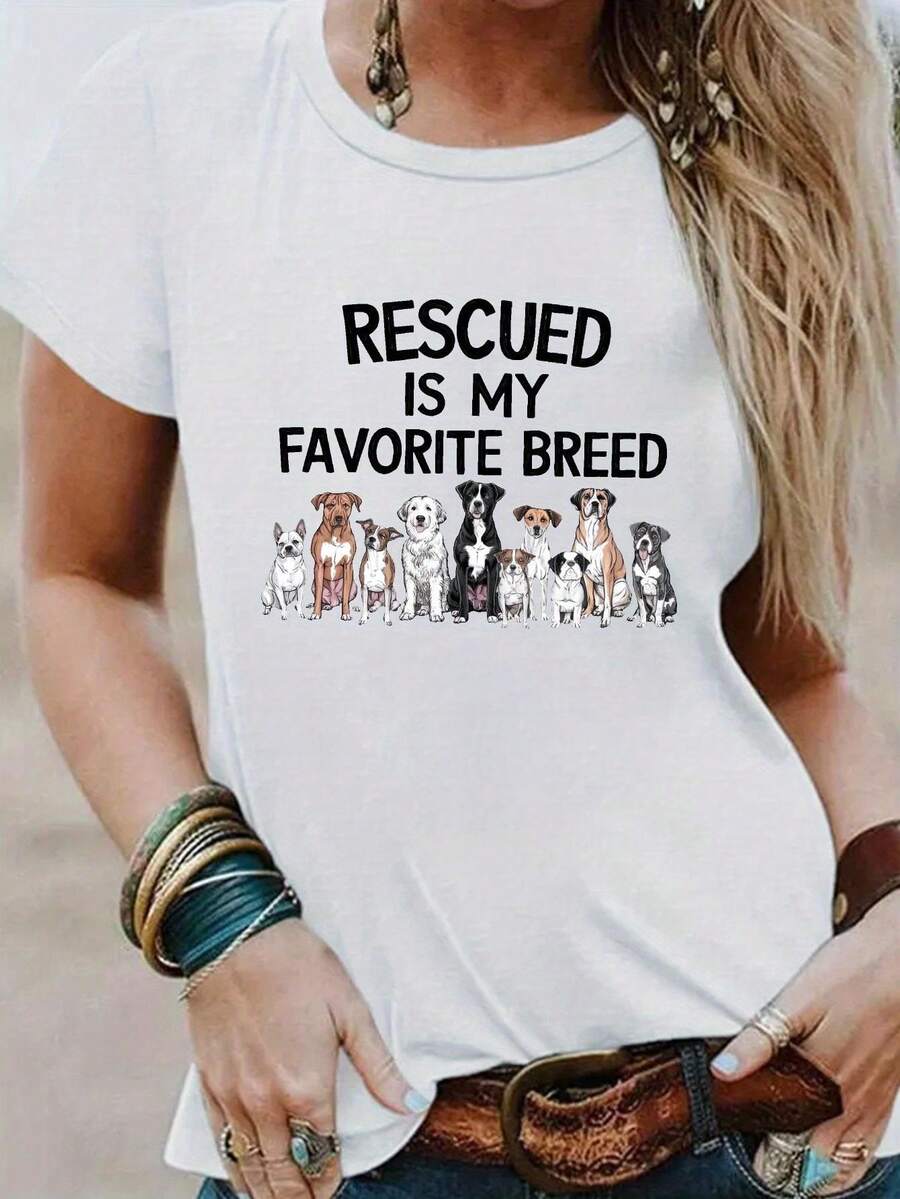 Camiseta de Cuello Redondo con Estampado de Perro, Edición Limitada, Top Casual de Manga Corta para Primavera/Verano, Algodón Ligero para Mujer. - Blanco - Ver 1