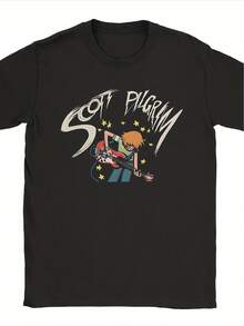 Camiseta de verano con estampado divertido de estilo retro americano, una camiseta casual inspirada en "Pilgrims vs. the World", adecuada para que la usen todos.Esta camiseta de manga corta con cuello redondo presenta diseños de personajes icónicos y un llamativo estampado de peregrinos. - Negro - Ver 1