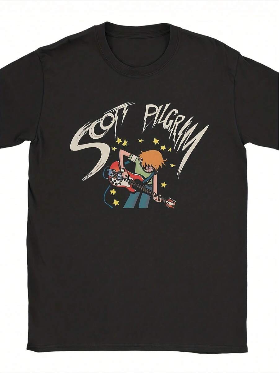 Camiseta de verano con estampado divertido de estilo retro americano, una camiseta casual inspirada en "Pilgrims vs. the World", adecuada para que la usen todos.Esta camiseta de manga corta con cuello redondo presenta diseños de personajes icónicos y un llamativo estampado de peregrinos. - Negro - Ver 1