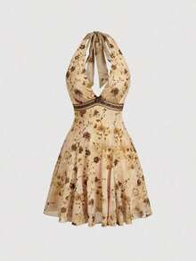 MOD Vestido de mujer con estampado floral de vacaciones, decoración de lazo 3D y cuello halter - Multicolor - Ver 2