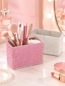 2-Compartment Rhinestone Makeup Brush Holder - Embedded Diamond Desktop Vanity Storage Box, Ideal Gift For Storing Makeup Tools, Cosmetics And Stationery, Suitable For Wedding Season And Mother's Day - Multicolor - View 3