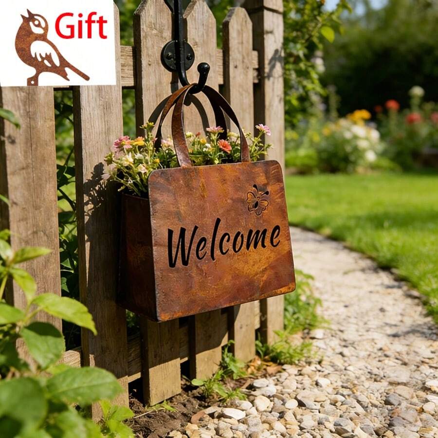 Rustic Metal Handbag Garden Ornament With Hello & Welcome Sign, Elegant Garden Statue Mini Flower Box, Rust Iron Handbag With Bird Decoration For Patio, Lawn, Garden Yard, Holiday Gift