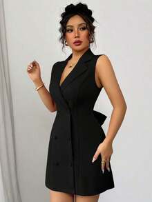 Nuevo vestido mini de mujer con diseño de lazo, de cuello de solapa, doble botonadura, escote en V profundo, sin mangas, ajustado, versátil para fiesta, cita, joven, elegante, pequeña y sexy - Negro - Ver 3