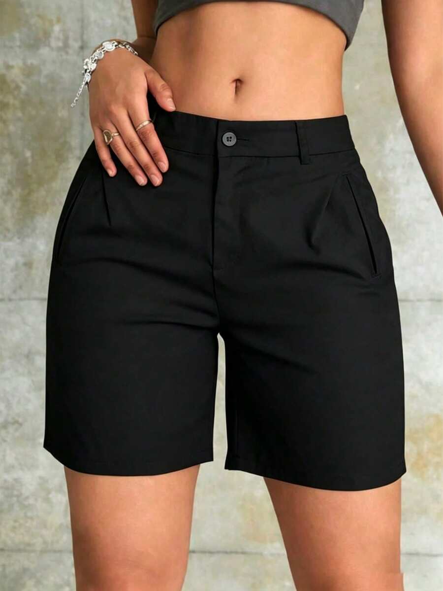 Women's Solid Color Button Casual Versatile Daily Outing Shorts Black Summer, Effortless Style - Black - View 1