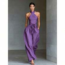 Mono nuevo para mujer de lino con tirantes cruzados, cordón ajustable y pantalones anchos - Morado - Ver 8